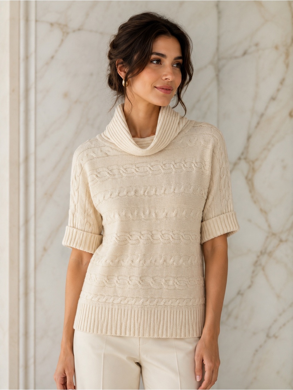 Prive 100% Cashmere Cream Chunky Cable Knit Turtleneck Sweater Short Sleeves